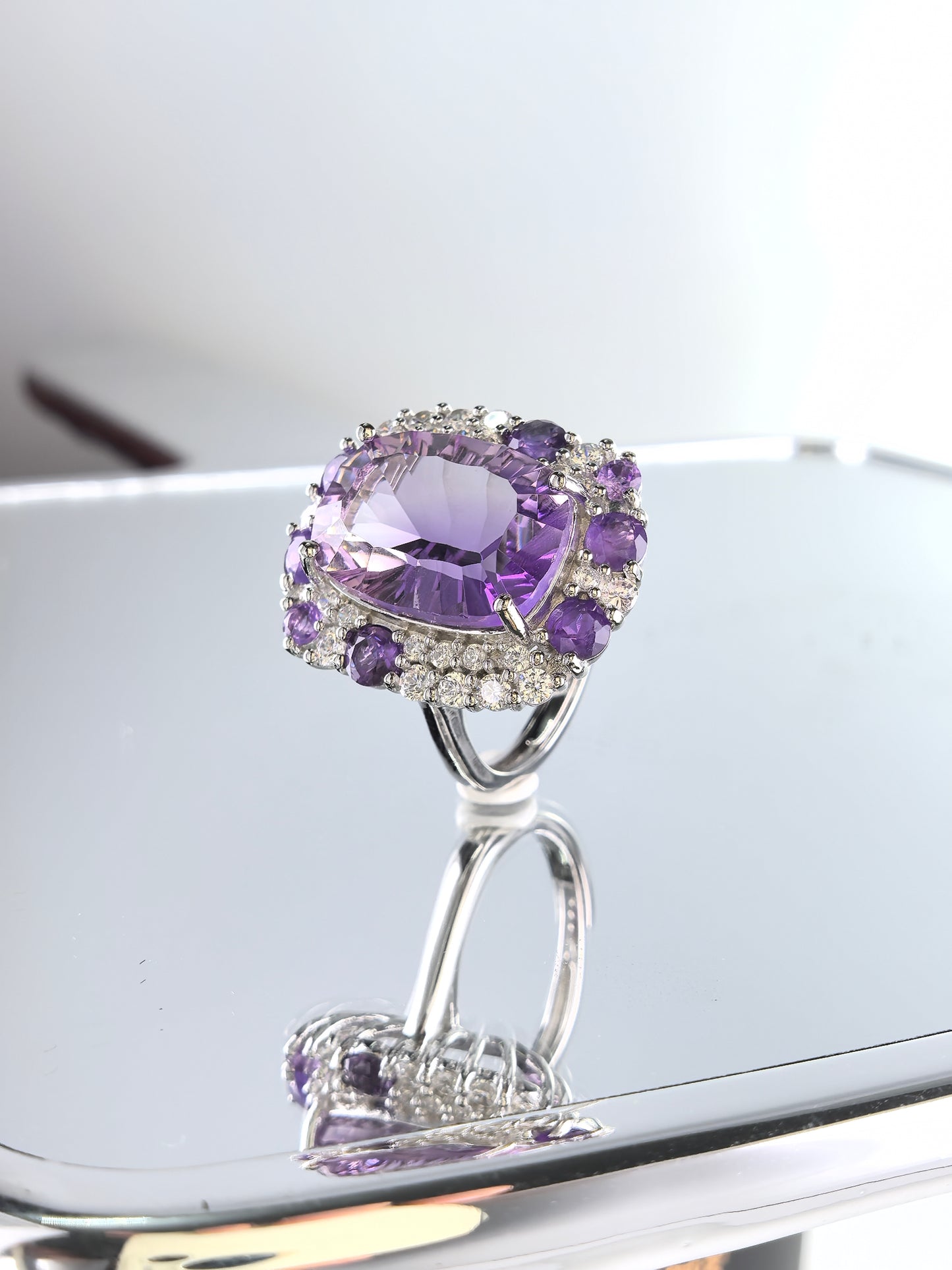 Wholesale Rhodium Plated 925 Sterling Silver Natural Amethyst Purple Gemstone Cushion Cut Ring