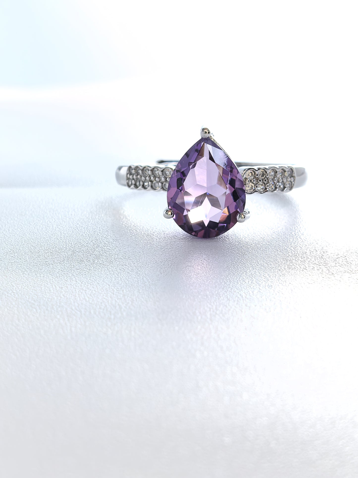 Wholesale Rhodium Plated 925 Sterling Silver Natural Amethyst Purple Gemstone Pear Cut Ring