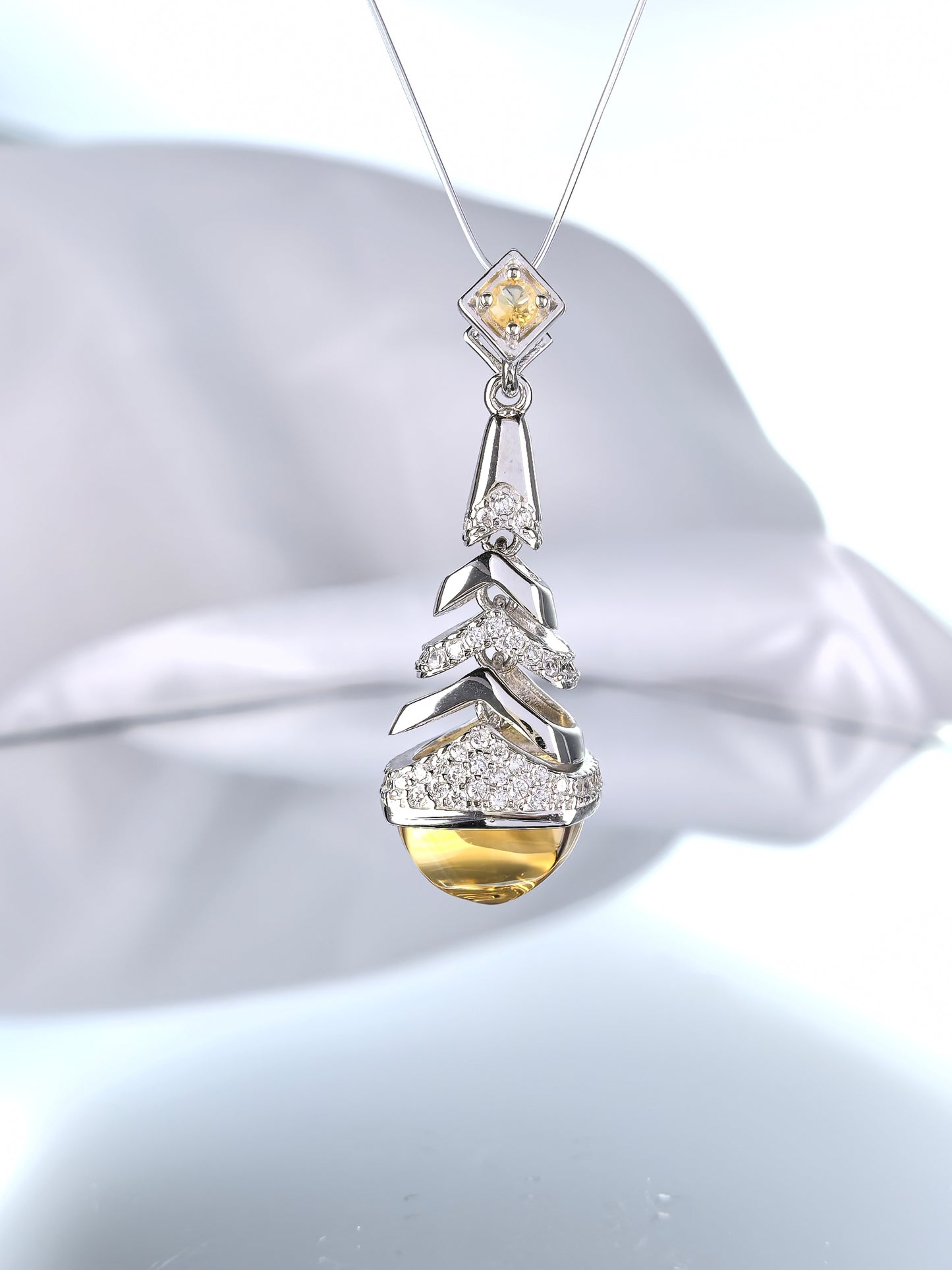 Wholesale Rhodium Plated 925 Sterling Silver Natural Citrine Yellow Gemstone Sugar-loaf Cut Pendant（without Chain）