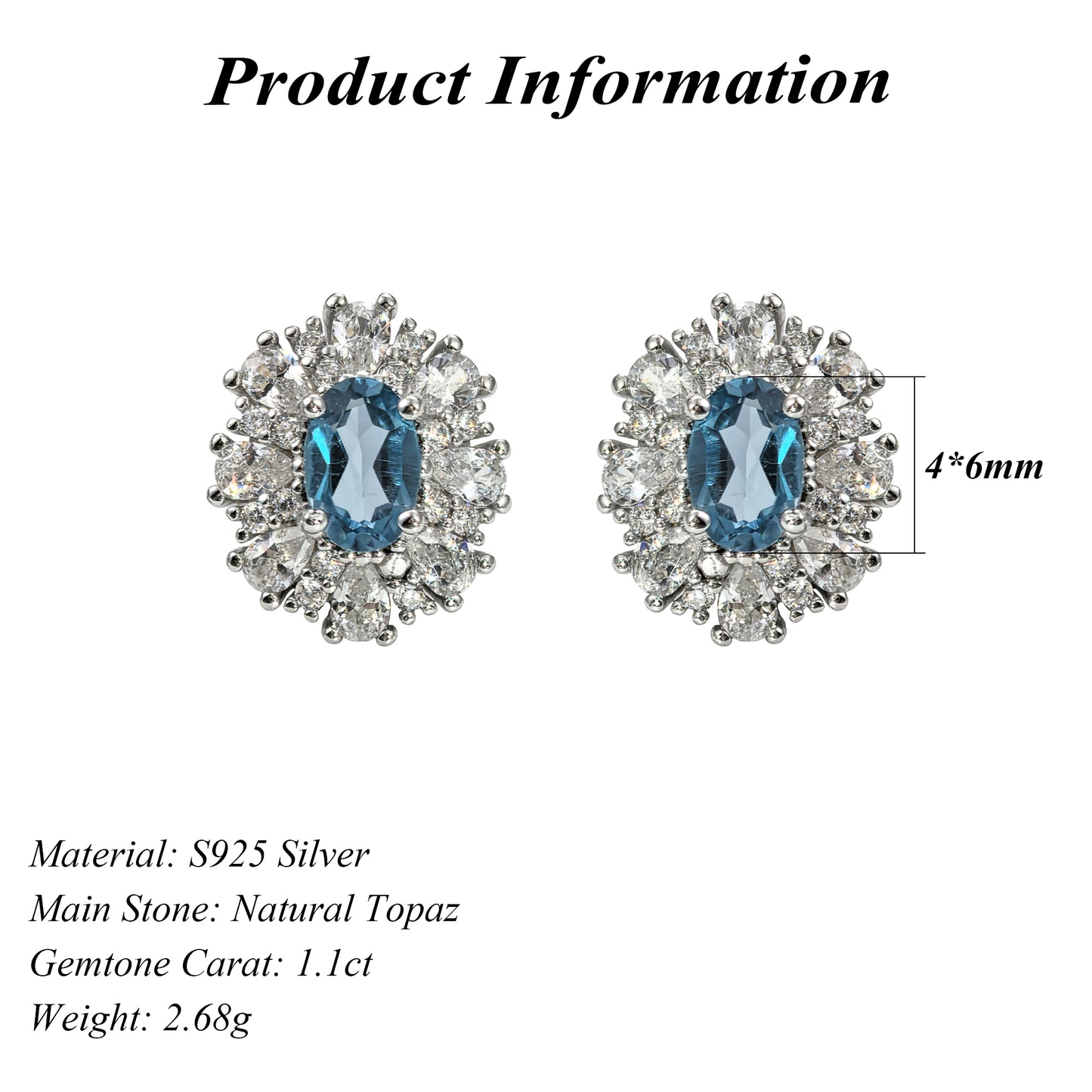 Wholesale Rhodium Plated 925 Sterling Silver Natural Topaz London Blue Gemstone Stud Earrings