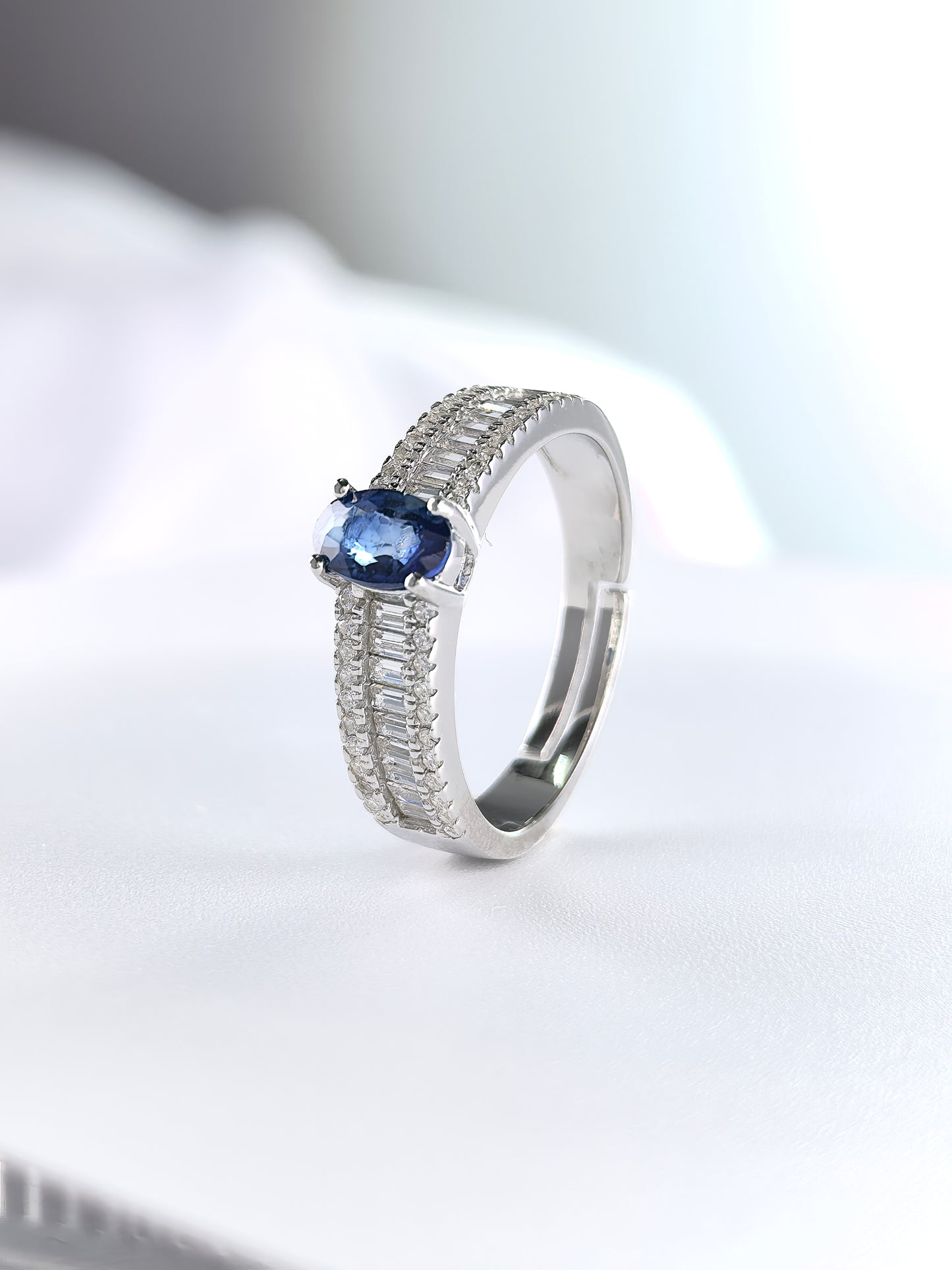 Wholesale Rhodium Plated 925 Sterling Silver Natural Sapphire Blue Gemstone Oval Cut Ring