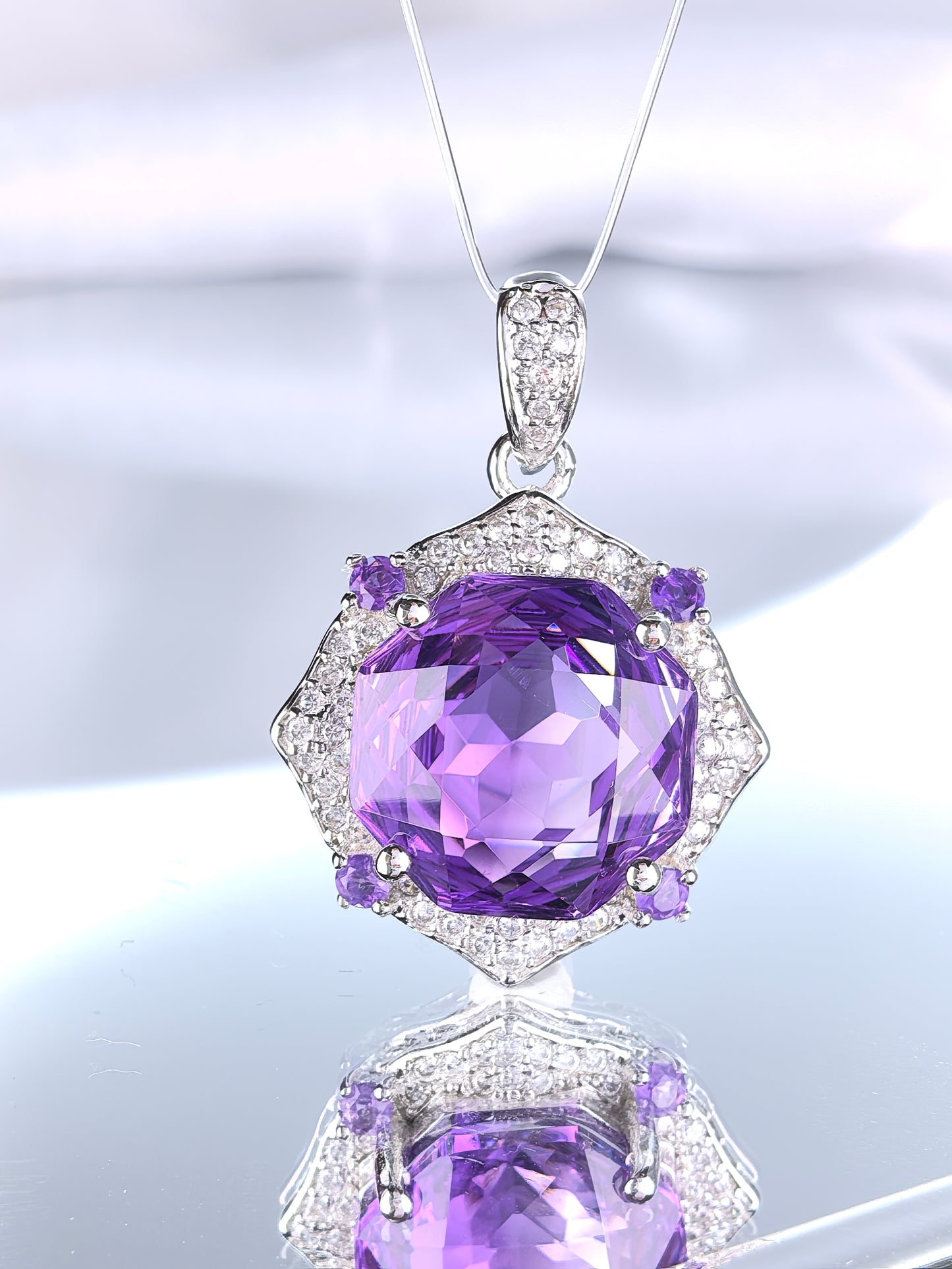 Wholesale Rhodium Plated 925 Sterling Silver Natural Amethyst Purple Gemstone Pendant（without Chain）