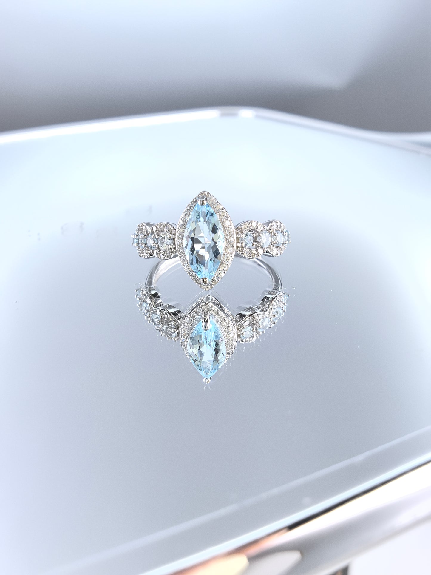 Wholesale Rhodium Plated 925 Sterling Silver Natural Sky Blue Topaz Blue Gemstone Marquise Cut Ring