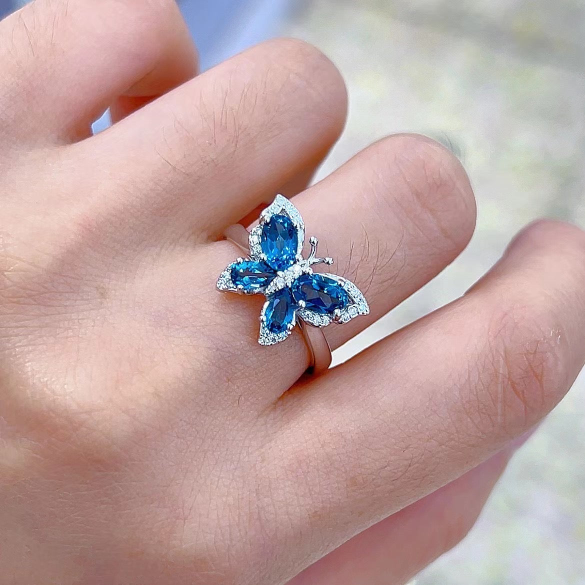 Wholesale Rhodium Plated 925 Sterling Silver Natural Topaz London Blue Gemstone Butterfly Ring