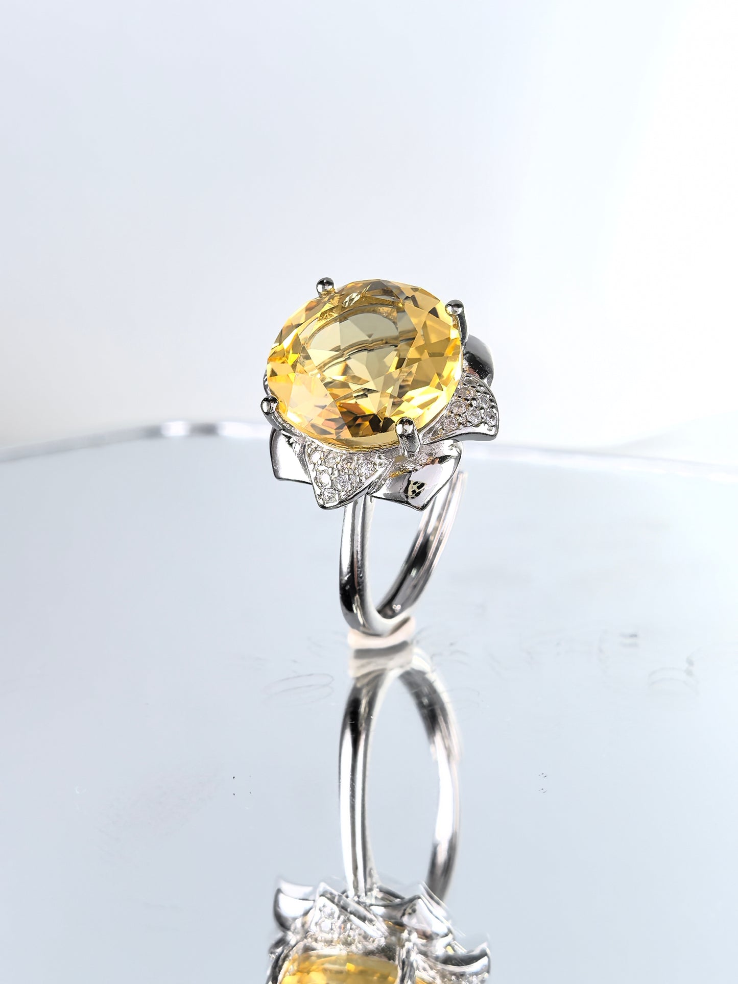 Wholesale Rhodium Plated 925 Sterling Silver Natural Citrine Yellow Gemstone Round Ring