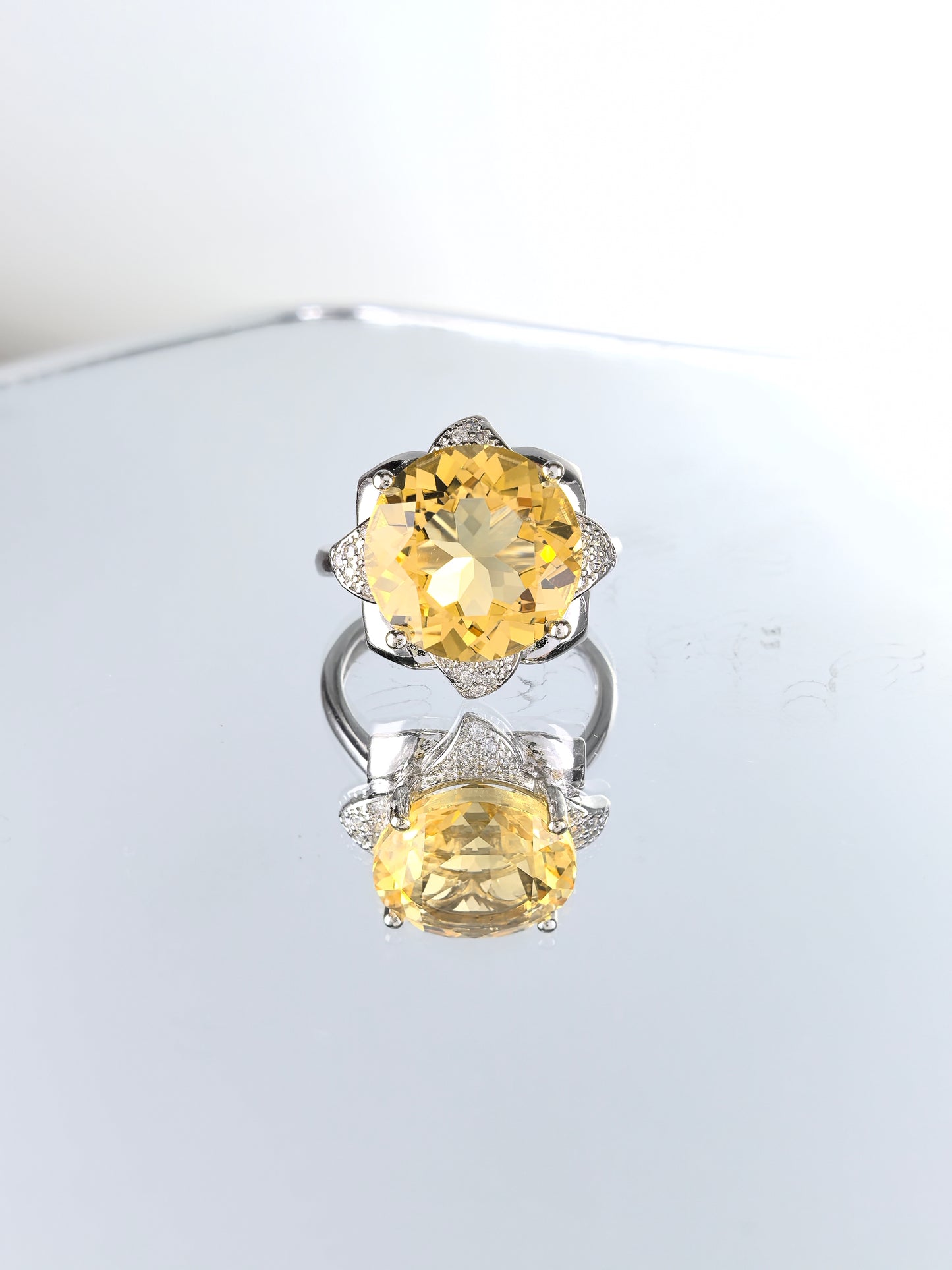 Wholesale Rhodium Plated 925 Sterling Silver Natural Citrine Yellow Gemstone Round Ring