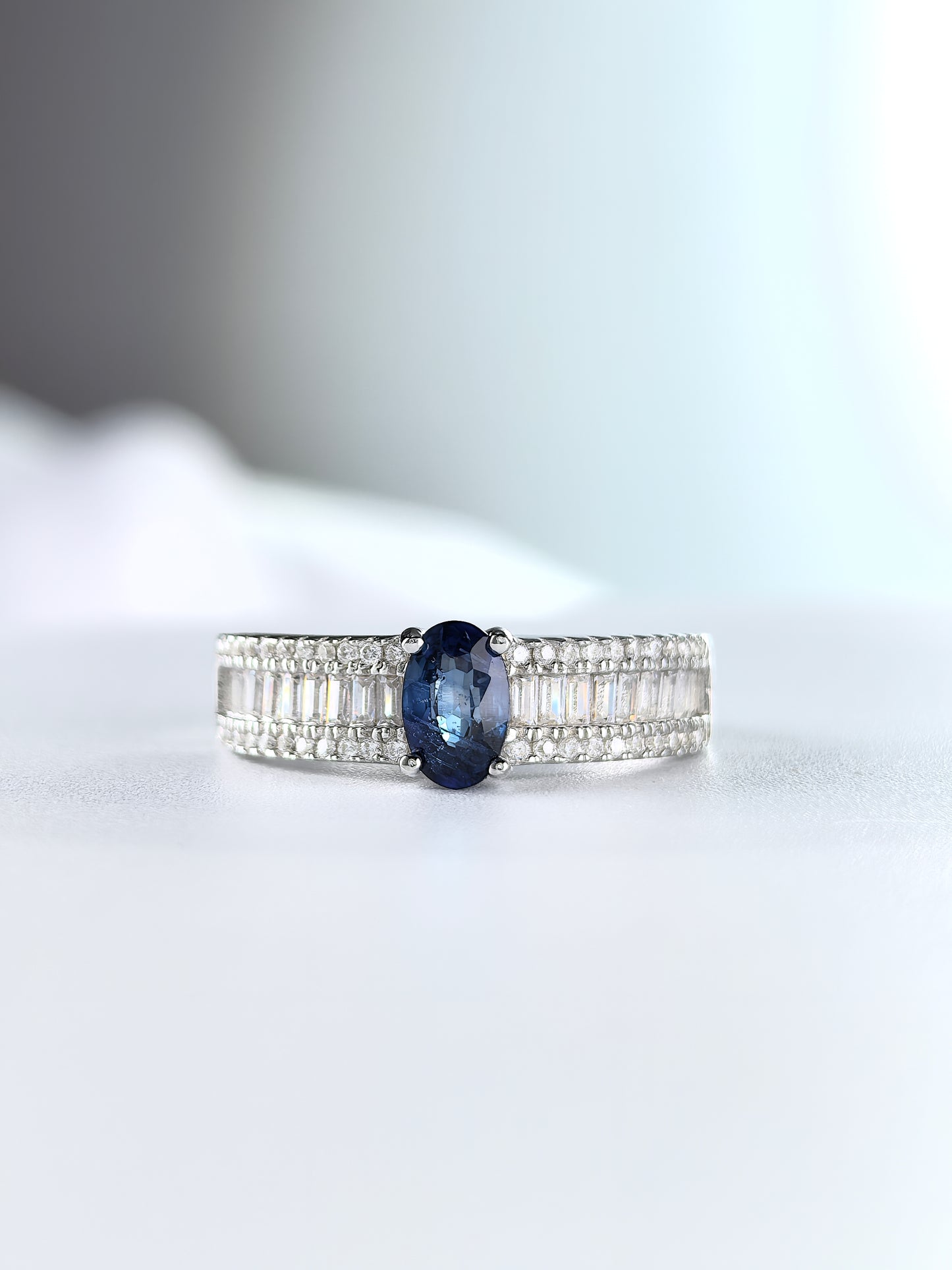 Wholesale Rhodium Plated 925 Sterling Silver Natural Sapphire Blue Gemstone Oval Cut Ring