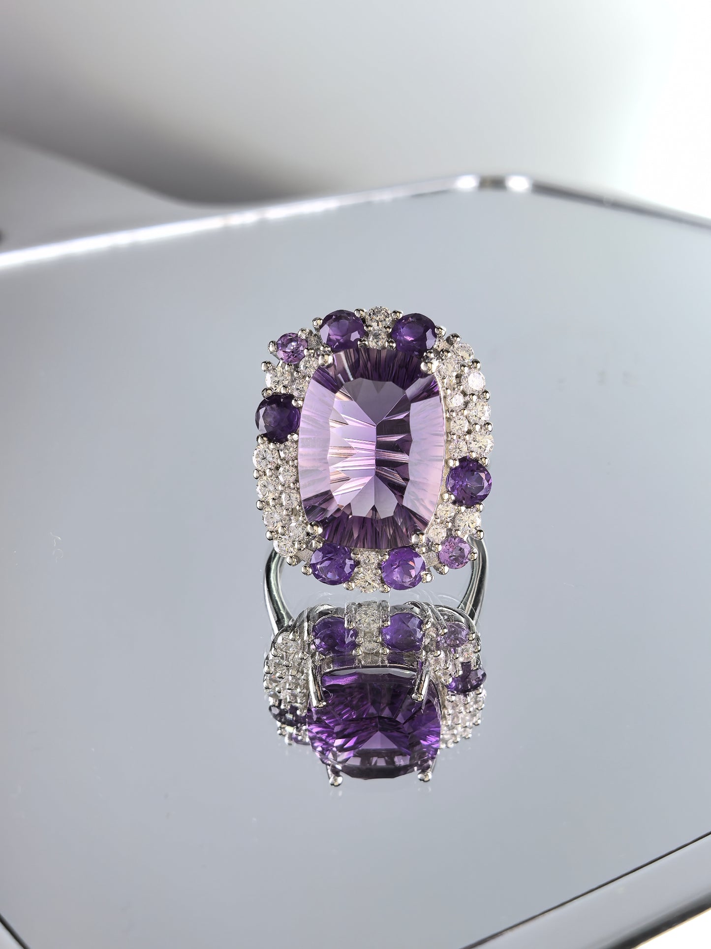 Wholesale Rhodium Plated 925 Sterling Silver Natural Amethyst Purple Gemstone Cushion Cut Ring