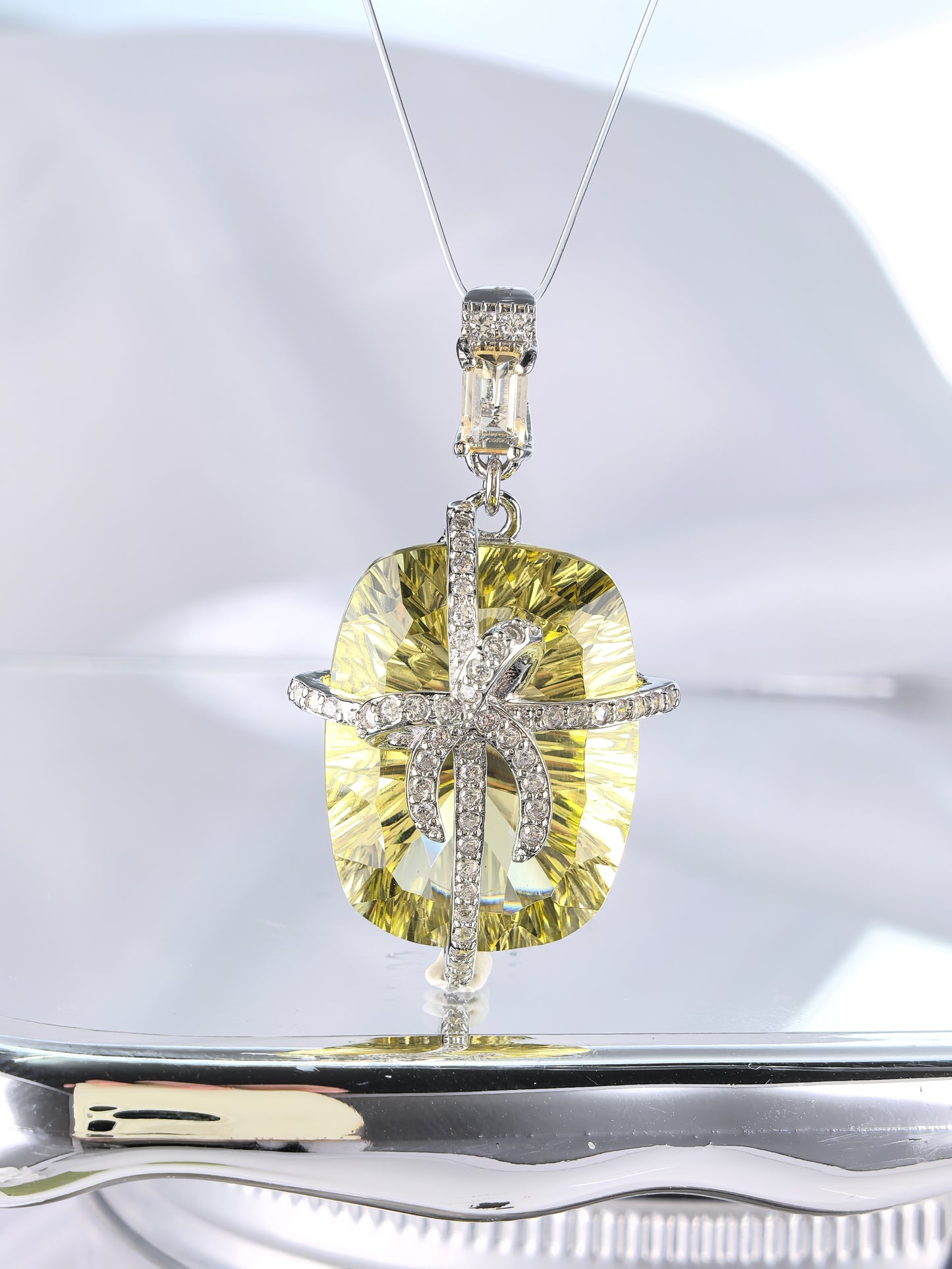 Wholesale Rhodium Plated 925 Sterling Silver Natural Lemon Quartz Green Gemstone Pendant（without Chain）