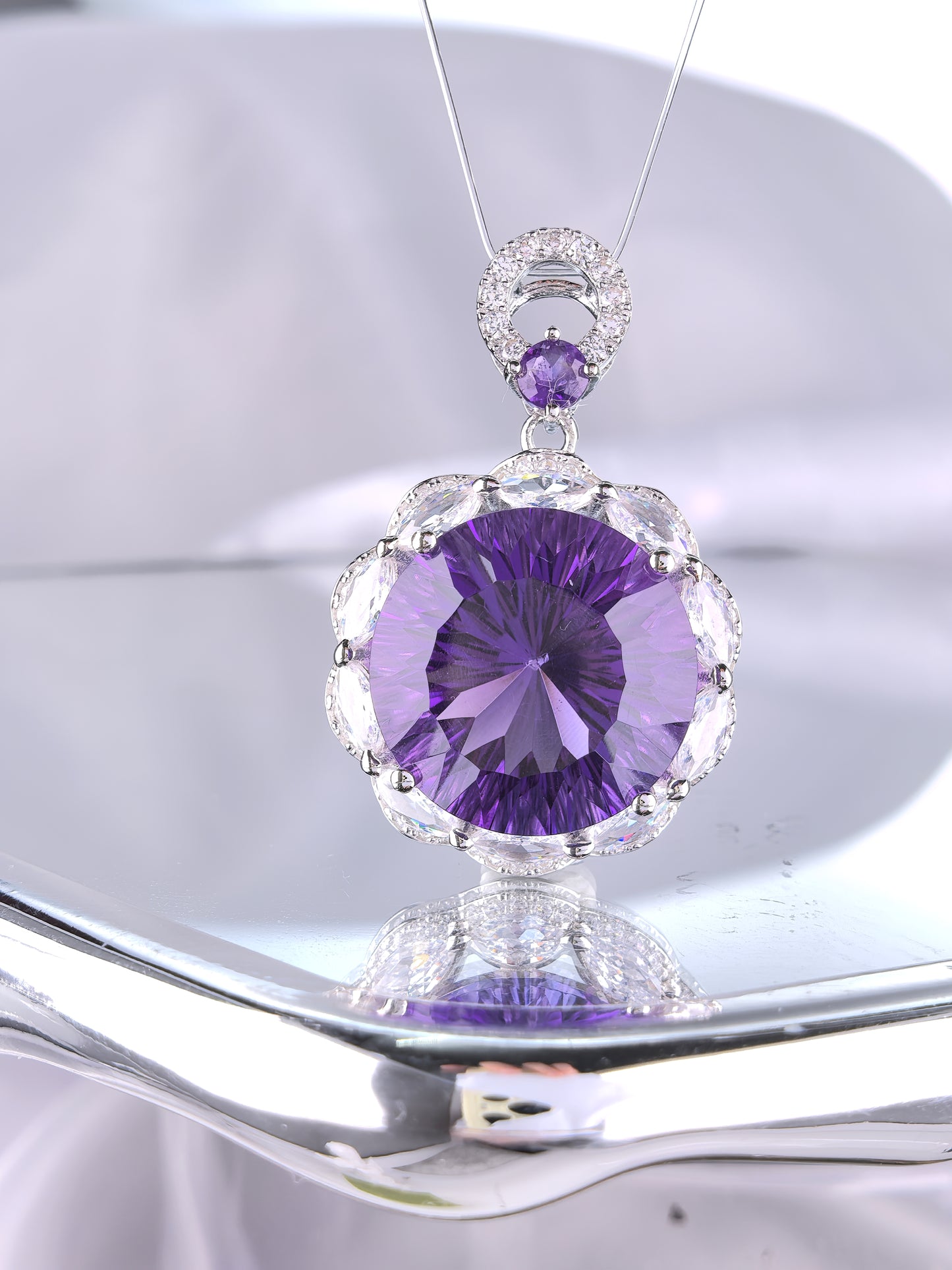 Wholesale Rhodium Plated 925 Sterling Silver Natural Amethyst Purple Gemstone Pendant（without Chain）