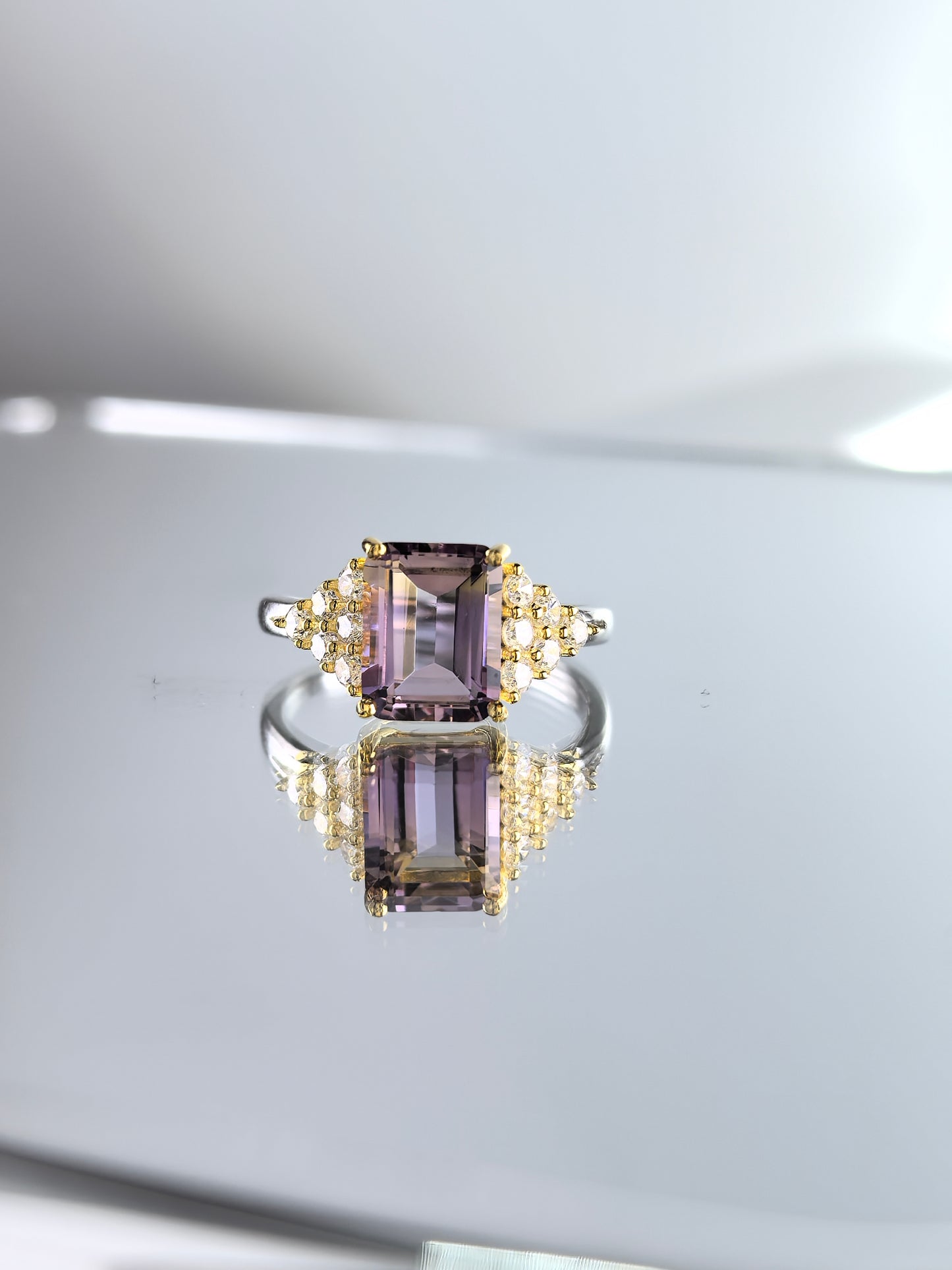 Wholesale Rhodium Plated 925 Sterling Silver Natural Ametrine Gemstone Emerald Cut Ring