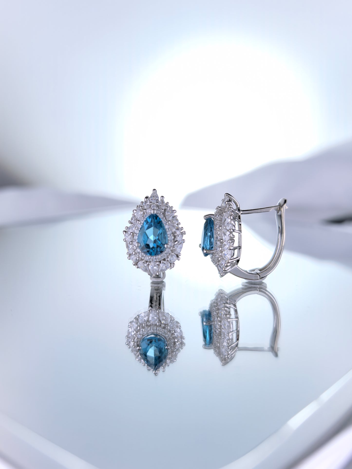 Wholesale Rhodium Plated 925 Sterling Silver Natural London Blue Topaz Blue Gemstone English Lock Hoop Earrings