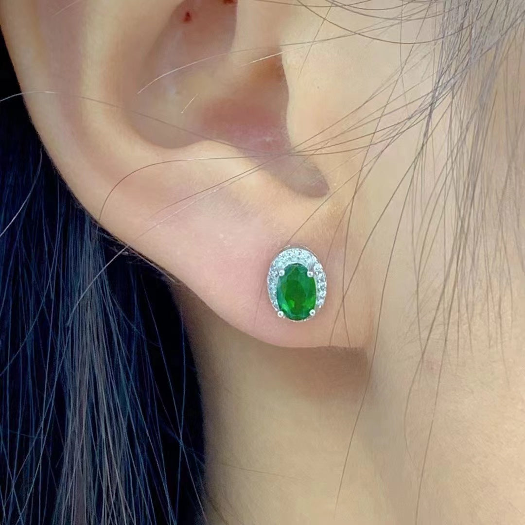 Wholesale Rhodium Plated 925 Sterling Silver Natural Diopside Green Gemstone Oval Cut Stud Earrings