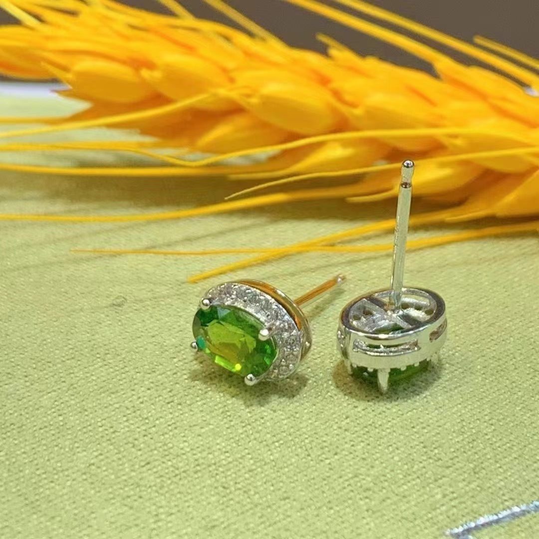 Wholesale Rhodium Plated 925 Sterling Silver Natural Diopside Green Gemstone Oval Cut Stud Earrings