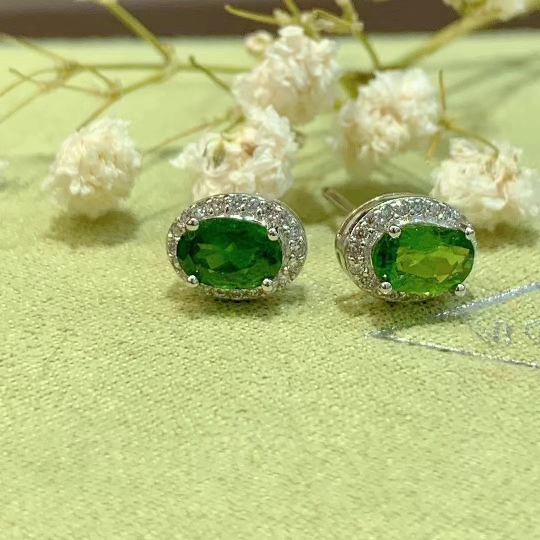 Wholesale Rhodium Plated 925 Sterling Silver Natural Diopside Green Gemstone Oval Cut Stud Earrings