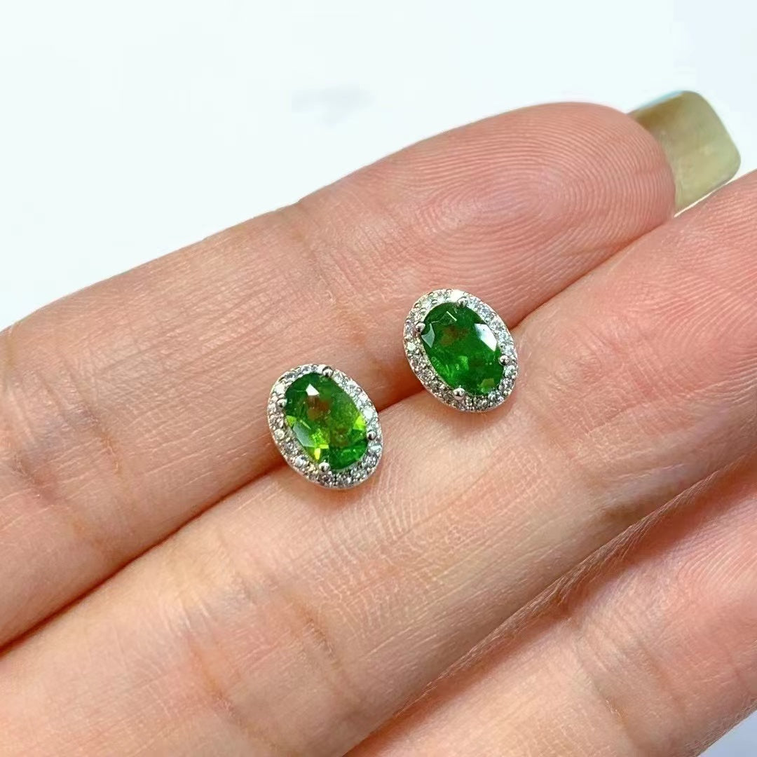 Wholesale Rhodium Plated 925 Sterling Silver Natural Diopside Green Gemstone Oval Cut Stud Earrings