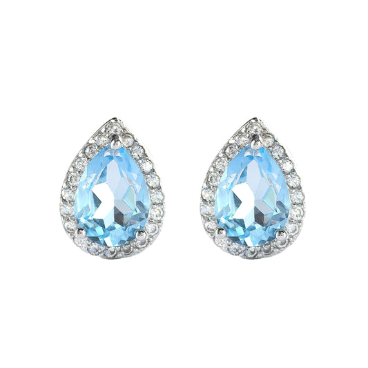 Wholesale Rhodium Plated 925 Sterling Silver Natural Sky Blue Topaz Blue Gemstone Pear Cut Stud Earrings