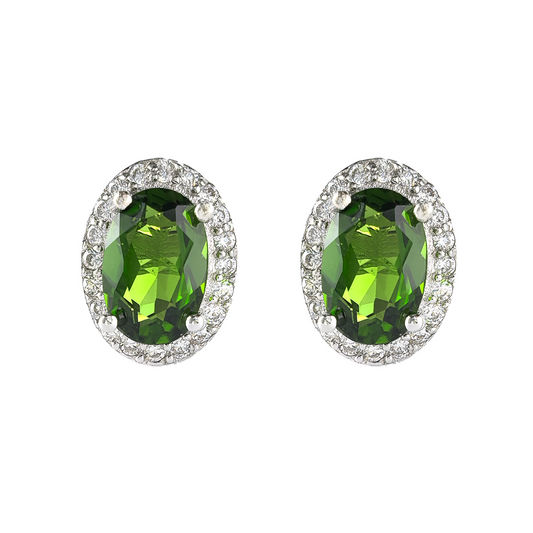 Wholesale Rhodium Plated 925 Sterling Silver Natural Diopside Green Gemstone Oval Cut Stud Earrings