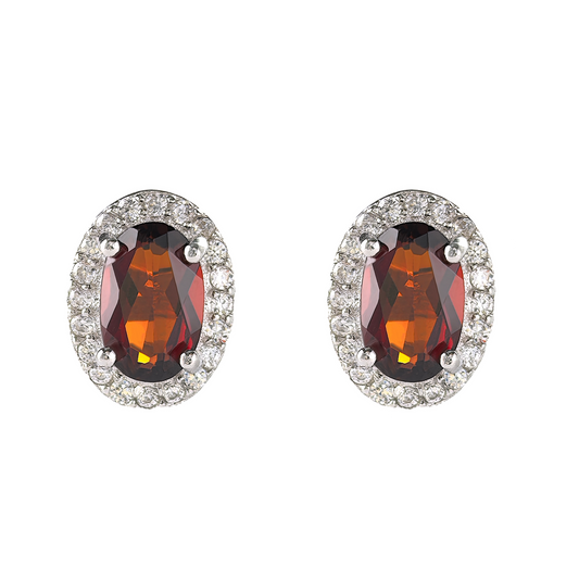 Wholesale Rhodium Plated 925 Sterling Silver Natural Garnet Red Gemstone Oval Cut Stud Earrings