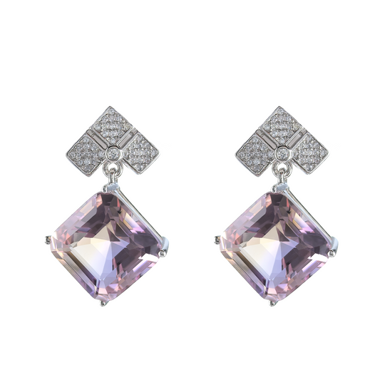 Wholesale Rhodium Plated 925 Sterling Silver Natural Ametrine Gemstone Asscher Cut Stud Earrings