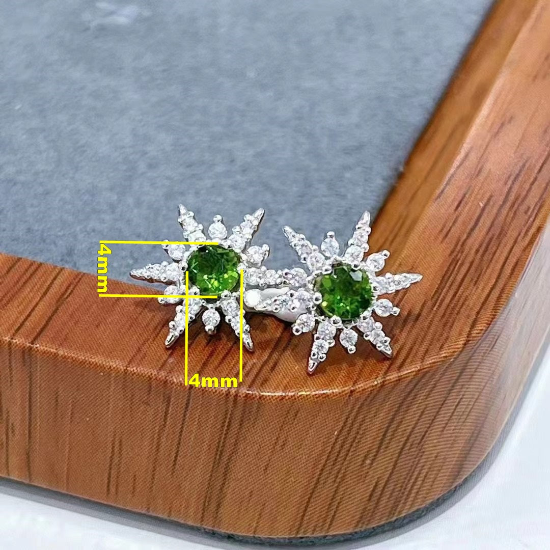 Wholesale Rhodium Plated 925 Sterling Silver Natural Diopside Green Gemstone Stud Earrings