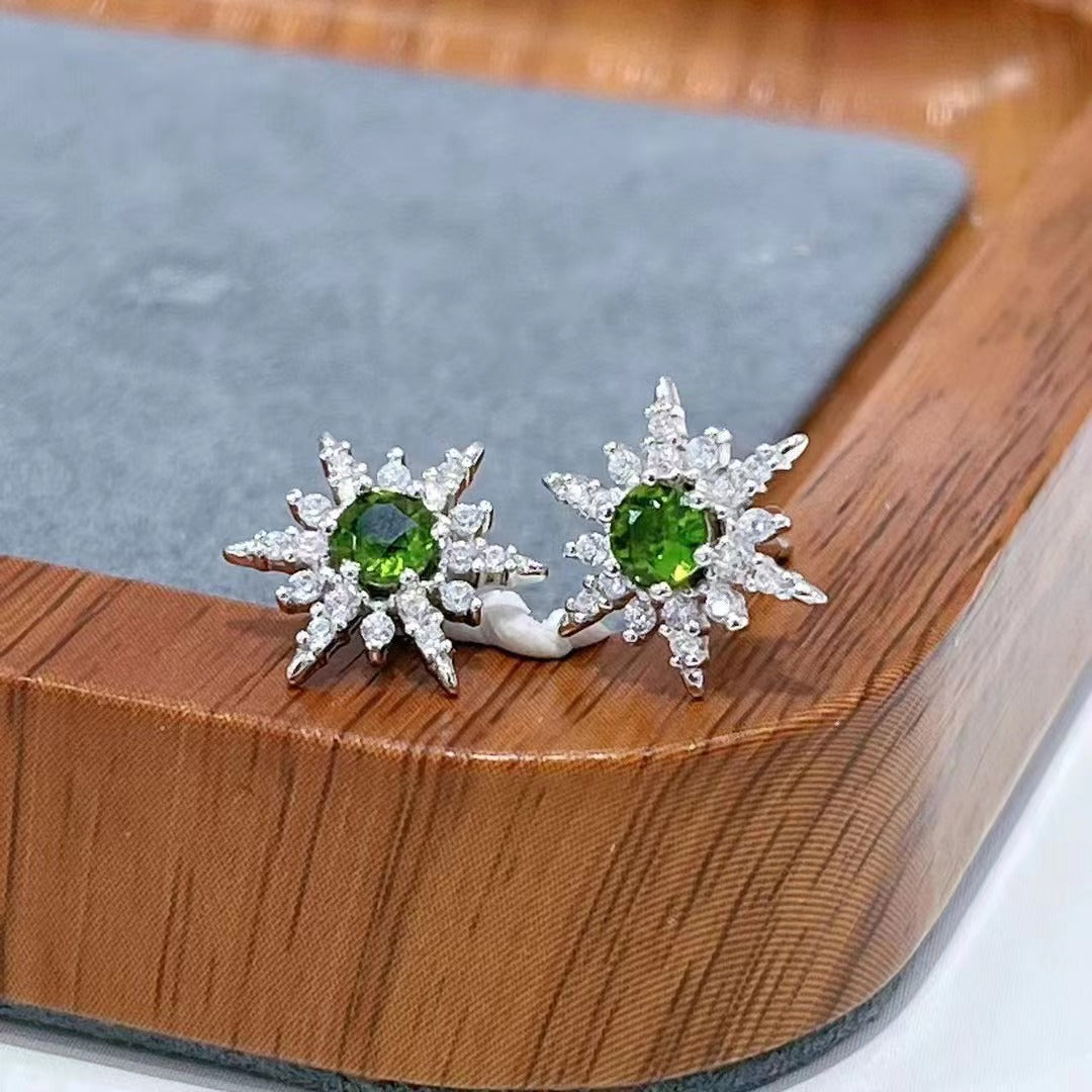 Wholesale Rhodium Plated 925 Sterling Silver Natural Diopside Green Gemstone Stud Earrings