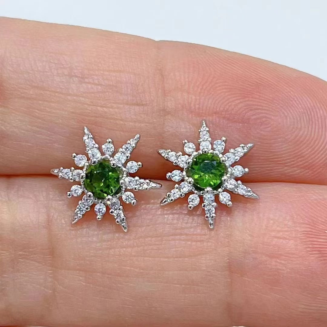 Wholesale Rhodium Plated 925 Sterling Silver Natural Diopside Green Gemstone Stud Earrings