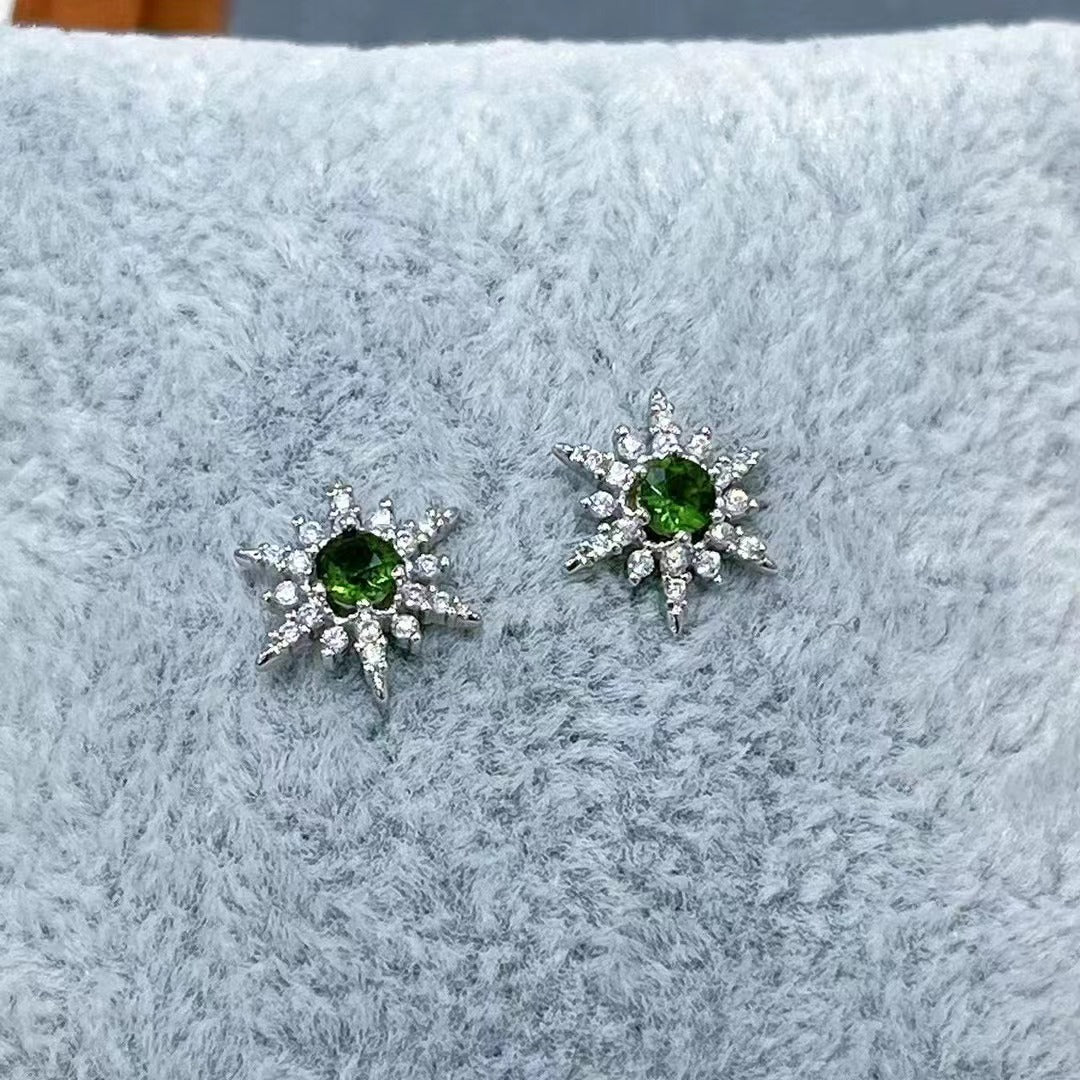 Wholesale Rhodium Plated 925 Sterling Silver Natural Diopside Green Gemstone Stud Earrings