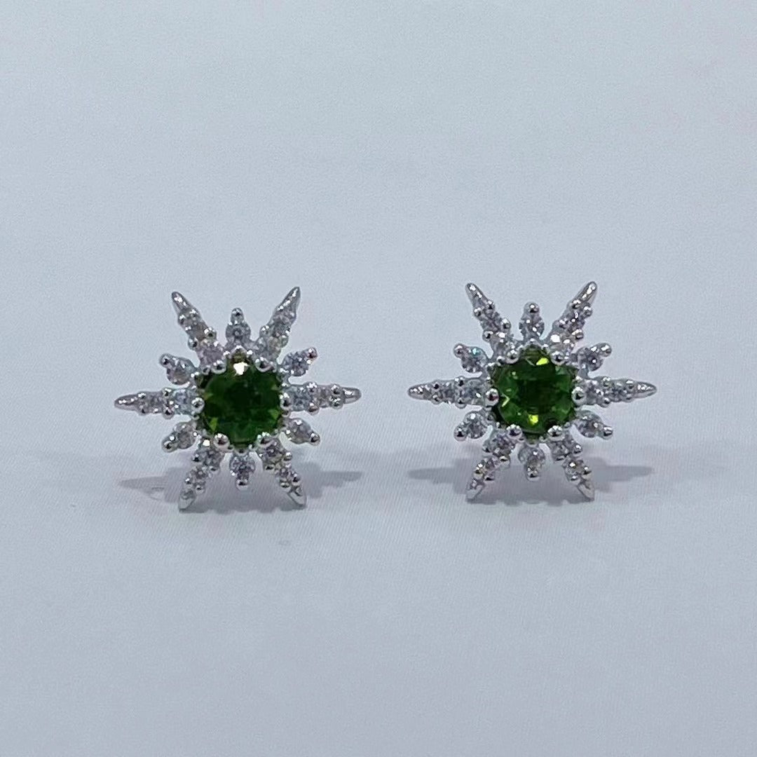 Wholesale Rhodium Plated 925 Sterling Silver Natural Diopside Green Gemstone Stud Earrings