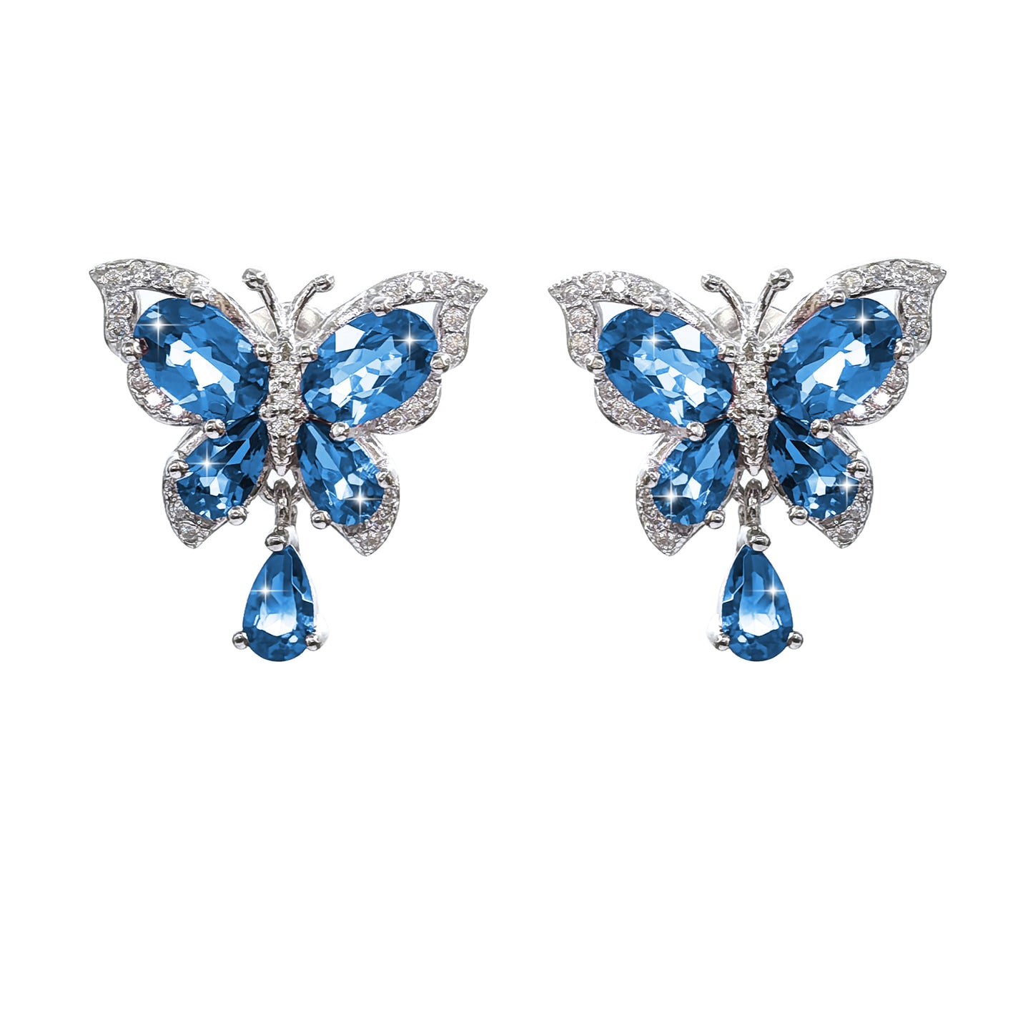 Wholesale Rhodium Plated 925 Sterling Silver Natural Topaz London Blue Gemstone Butterfly Stud Earrings