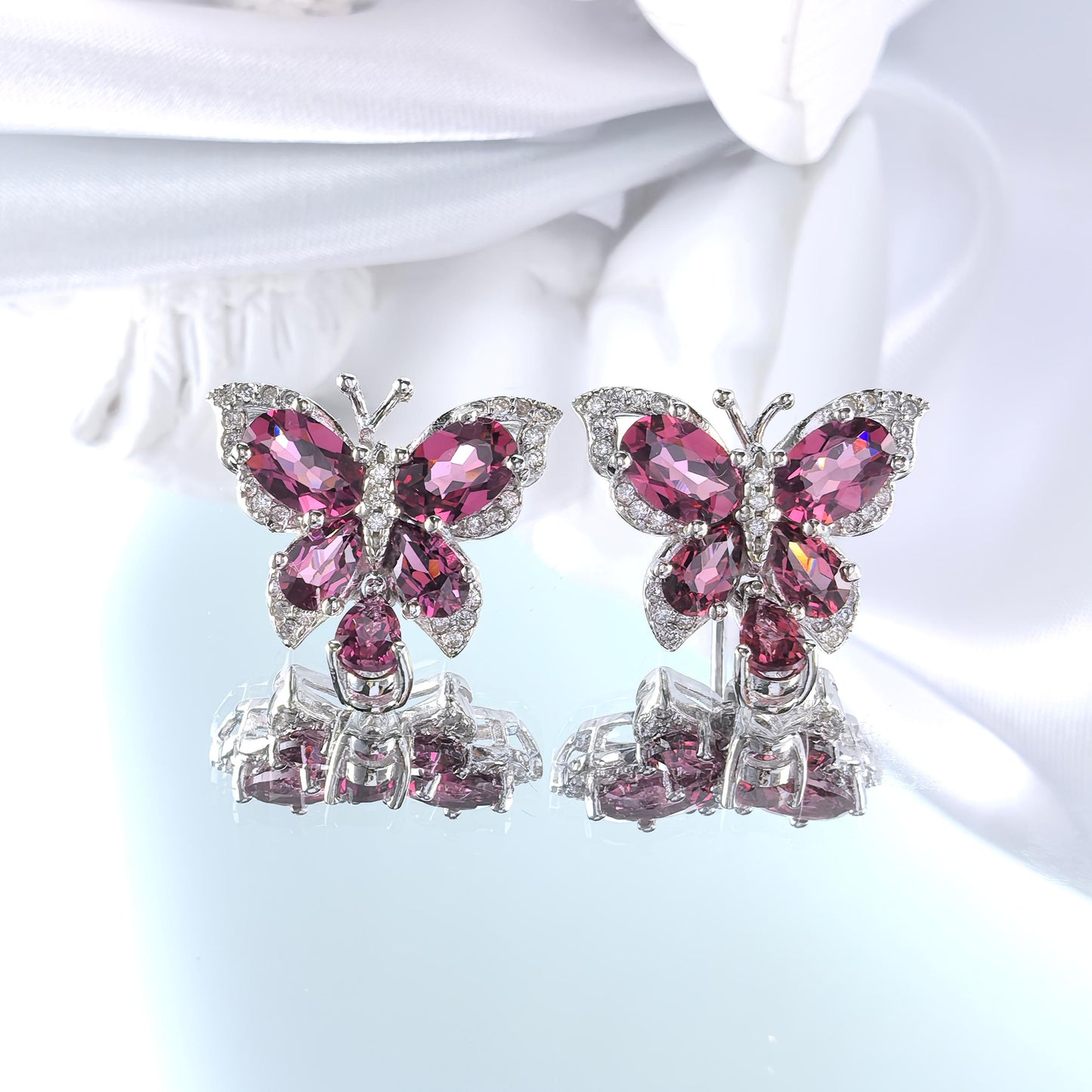 Wholesale Rhodium Plated 925 Sterling Silver Natural Pyrope Red Gemstone Butterfly Stud Earrings