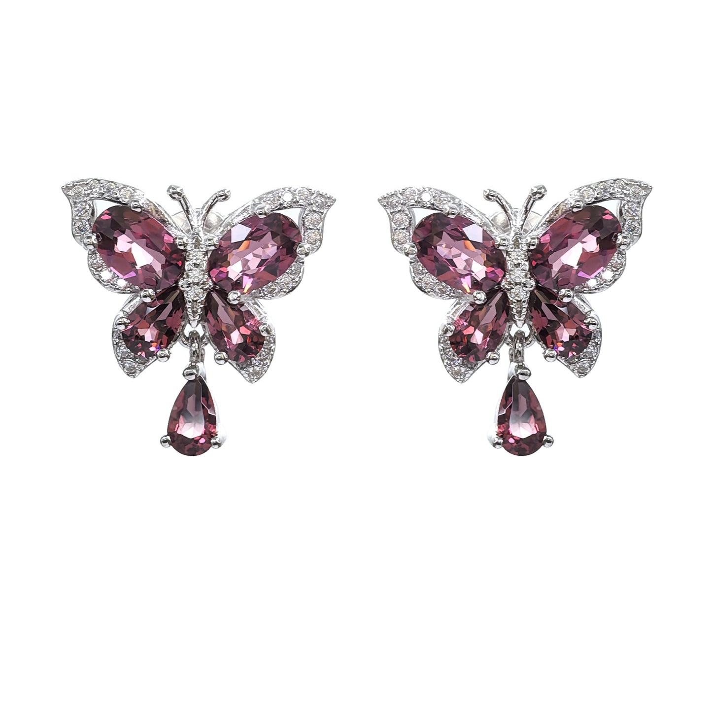 Wholesale Rhodium Plated 925 Sterling Silver Natural Pyrope Red Gemstone Butterfly Stud Earrings