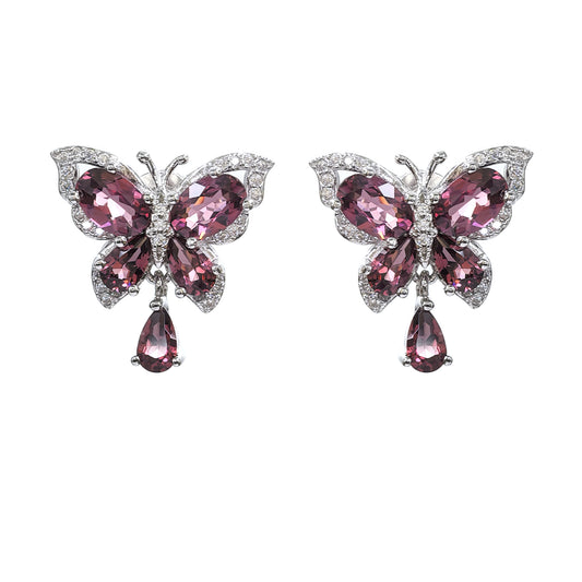 Wholesale Rhodium Plated 925 Sterling Silver Natural Pyrope Red Gemstone Butterfly Stud Earrings