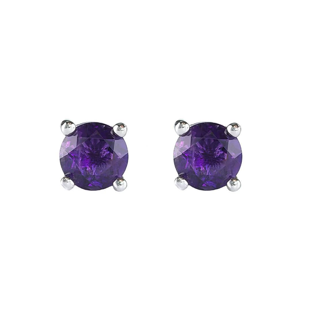 Wholesale Rhodium Plated 925 Sterling Silver Natural Amethyst Purple Gemstone  Round Earrings