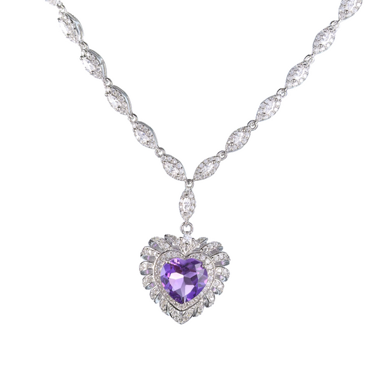 Wholesale Rhodium Plated 925 Sterling Silver Natural Amethyst Purple Gemstone Heart Necklace