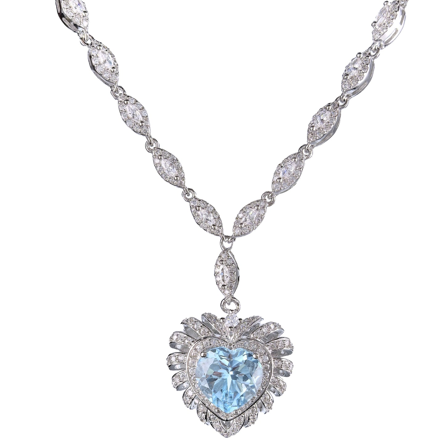 Wholesale Rhodium Plated 925 Sterling Silver Natural Sky Blue Topaz Blue Gemstone Heart Necklace