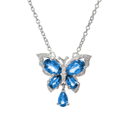 Wholesale Rhodium Plated 925 Sterling Silver Natural Topaz London Blue Butterfly Necklace