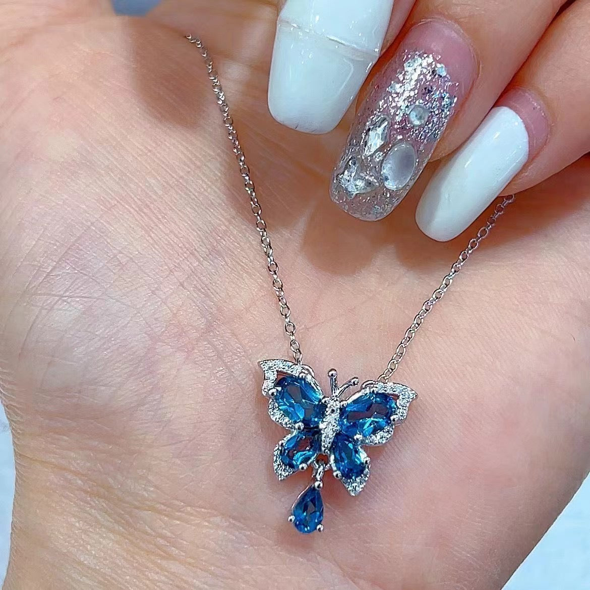 Wholesale Rhodium Plated 925 Sterling Silver Natural Topaz London Blue Butterfly Necklace