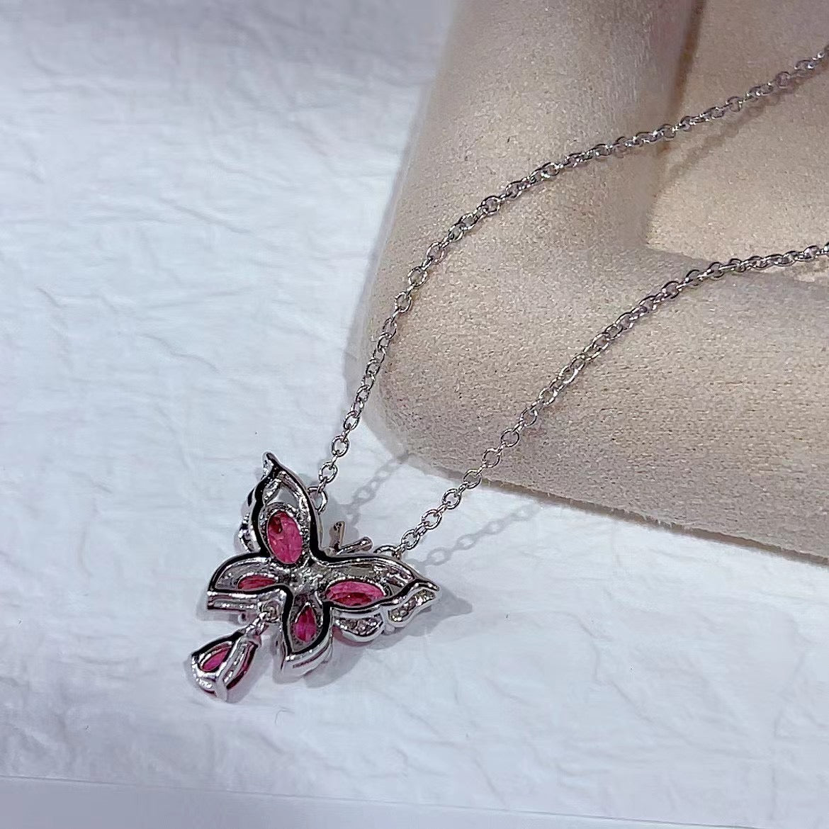 Wholesale Rhodium Plated 925 Sterling Silver Natural Pyrope Red Gemstone Butterfly Necklace