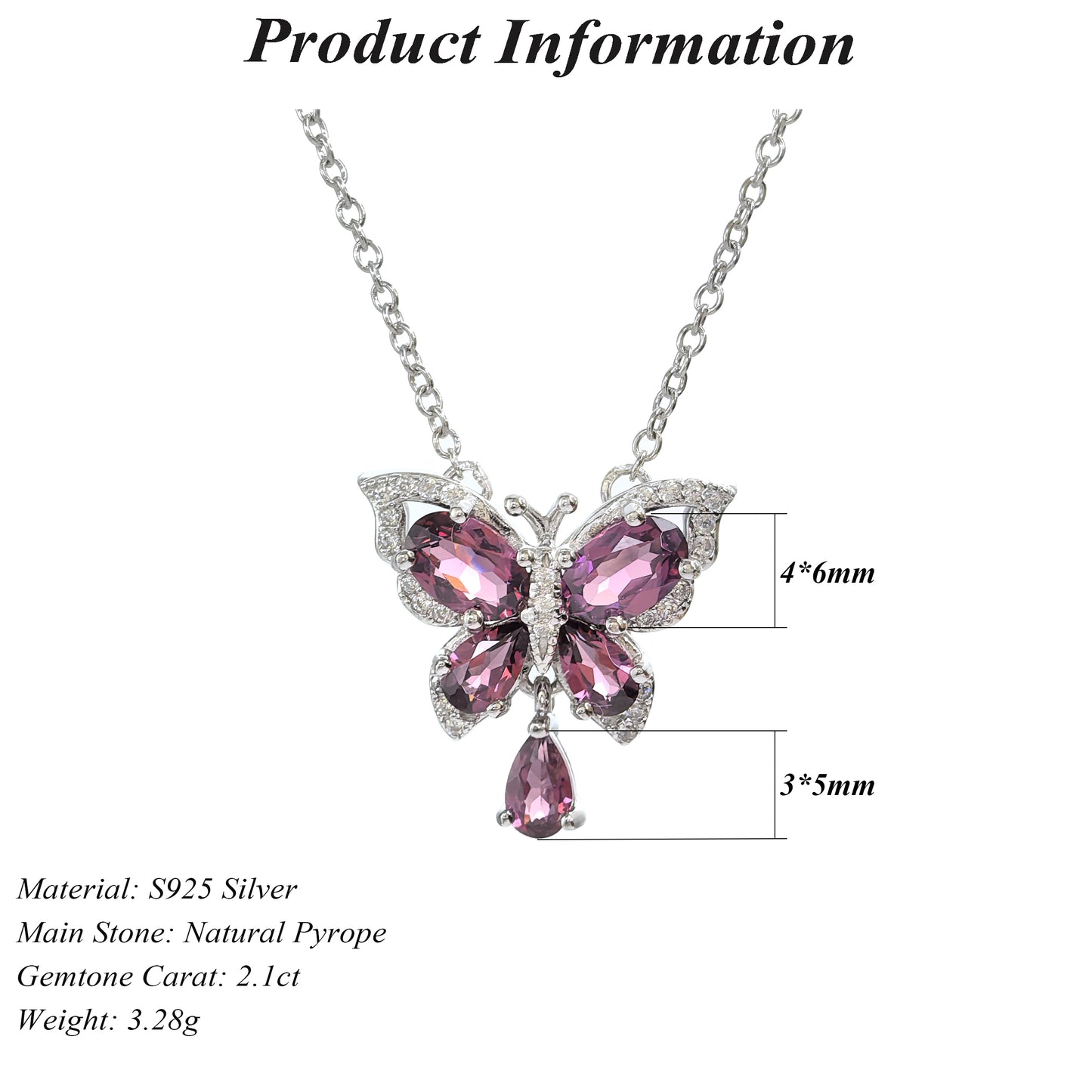 Wholesale Rhodium Plated 925 Sterling Silver Natural Pyrope Red Gemstone Butterfly Necklace