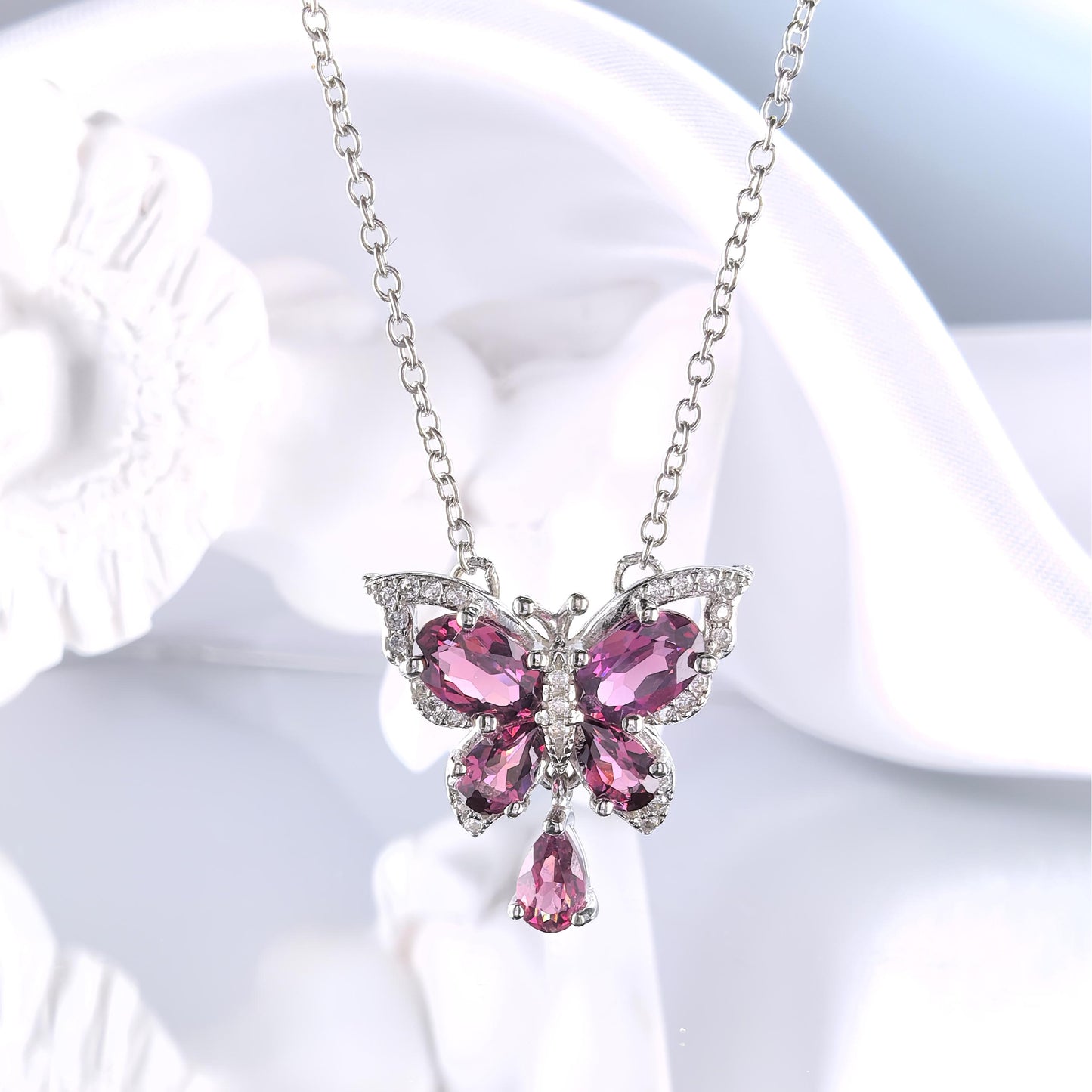 Wholesale Rhodium Plated 925 Sterling Silver Natural Pyrope Red Gemstone Butterfly Necklace