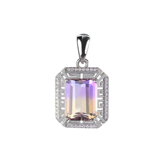 Wholesale Rhodium Plated 925 Sterling Silver Natural Ametrine Gemstone Emerald Cut Pendant(without Chain)