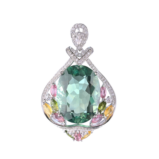 Wholesale Rhodium Plated 925 Sterling Silver Natural Fluorite Green Gemstone Pendant（without Chain）