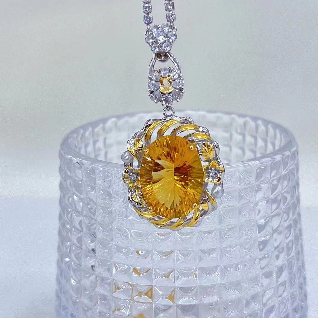 Wholesale Rhodium Plated 925 Sterling Silver Natural Citrine Yellow Gemstone Oval Cut Pendant（without Chain）