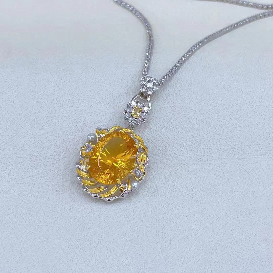 Wholesale Rhodium Plated 925 Sterling Silver Natural Citrine Yellow Gemstone Oval Cut Pendant（without Chain）