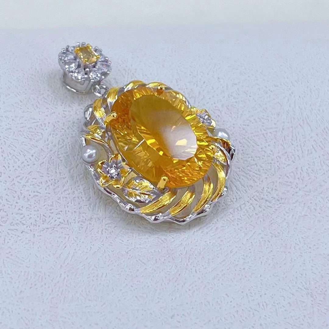 Wholesale Rhodium Plated 925 Sterling Silver Natural Citrine Yellow Gemstone Oval Cut Pendant（without Chain）