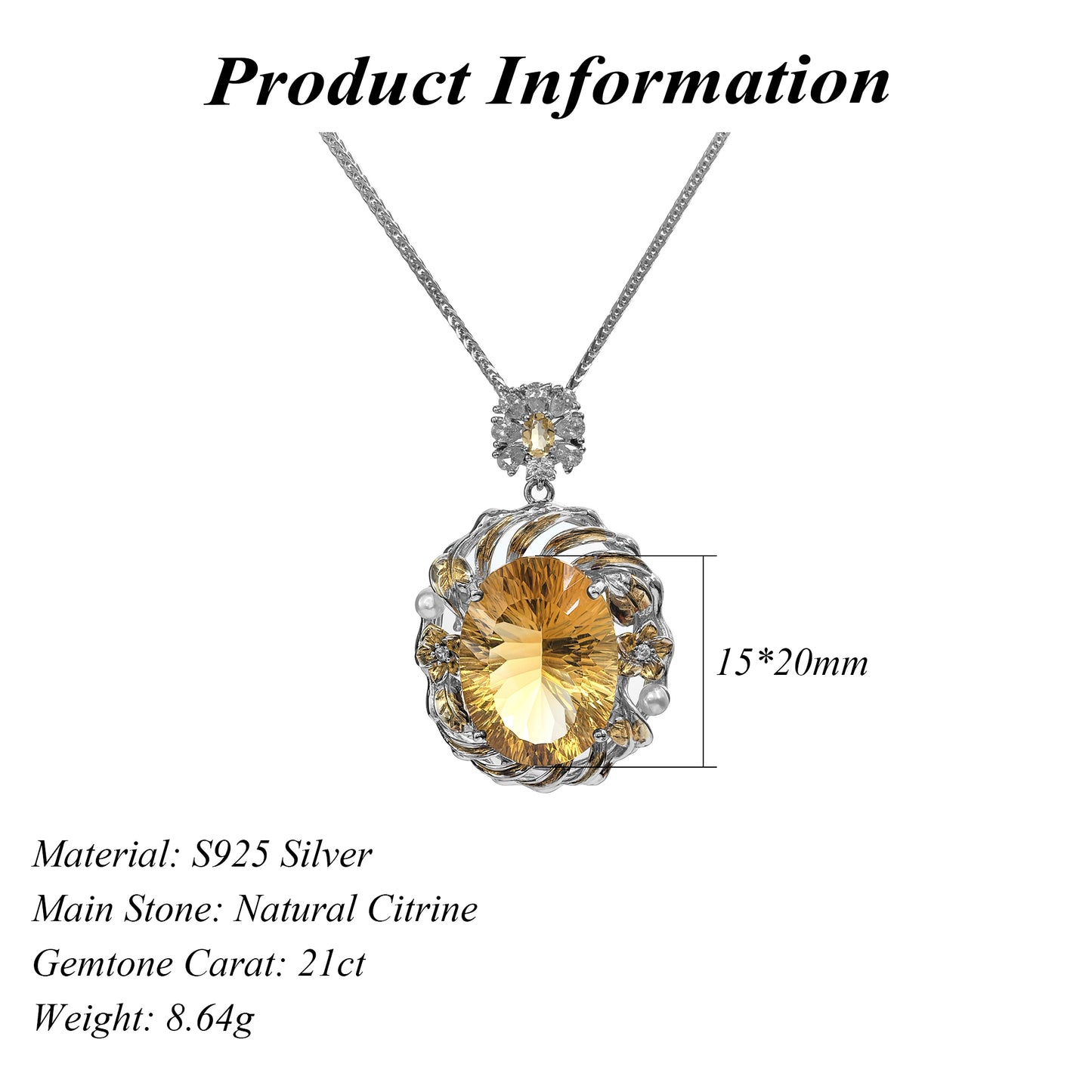 Wholesale Rhodium Plated 925 Sterling Silver Natural Citrine Yellow Gemstone Oval Cut Pendant（without Chain）