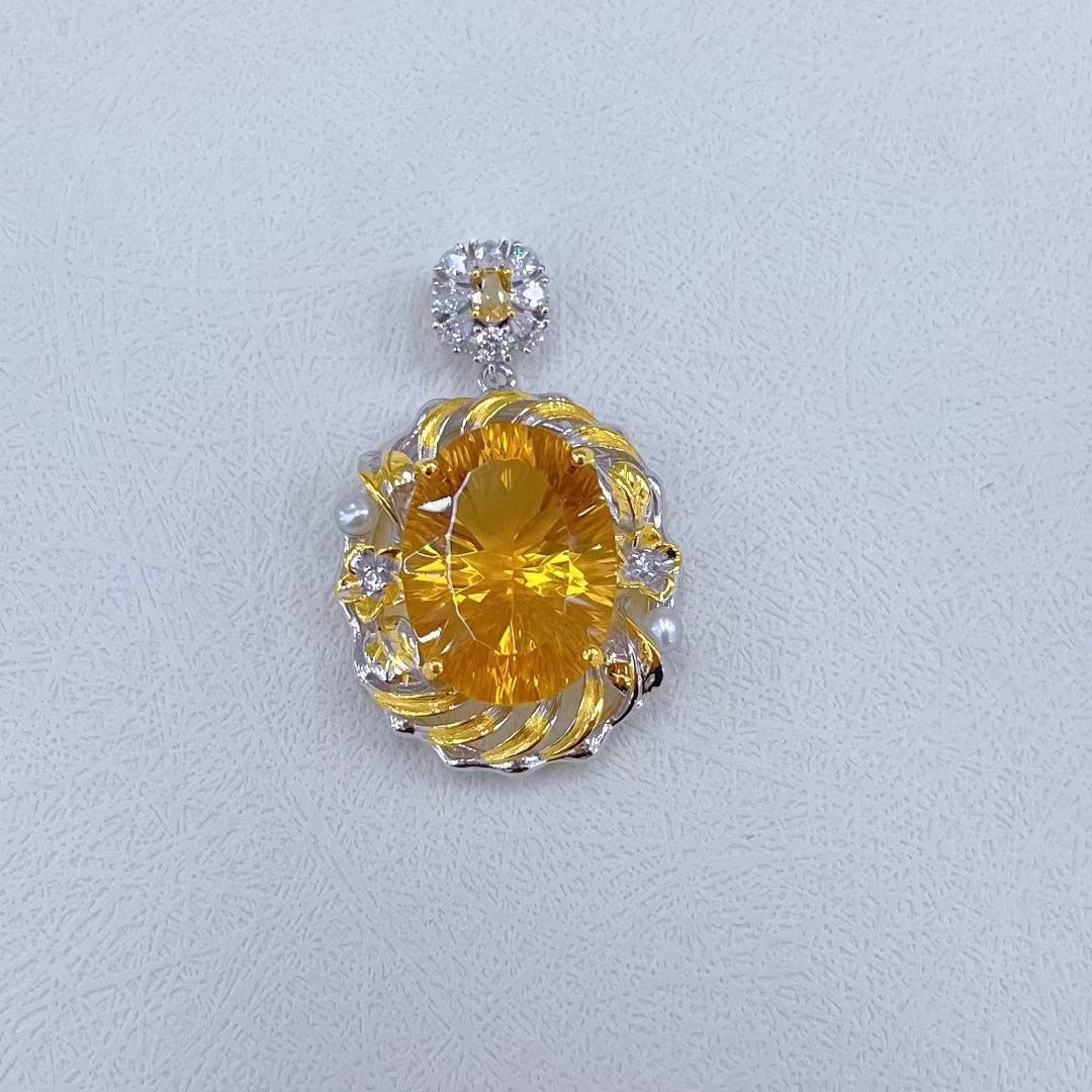 Wholesale Rhodium Plated 925 Sterling Silver Natural Citrine Yellow Gemstone Oval Cut Pendant（without Chain）