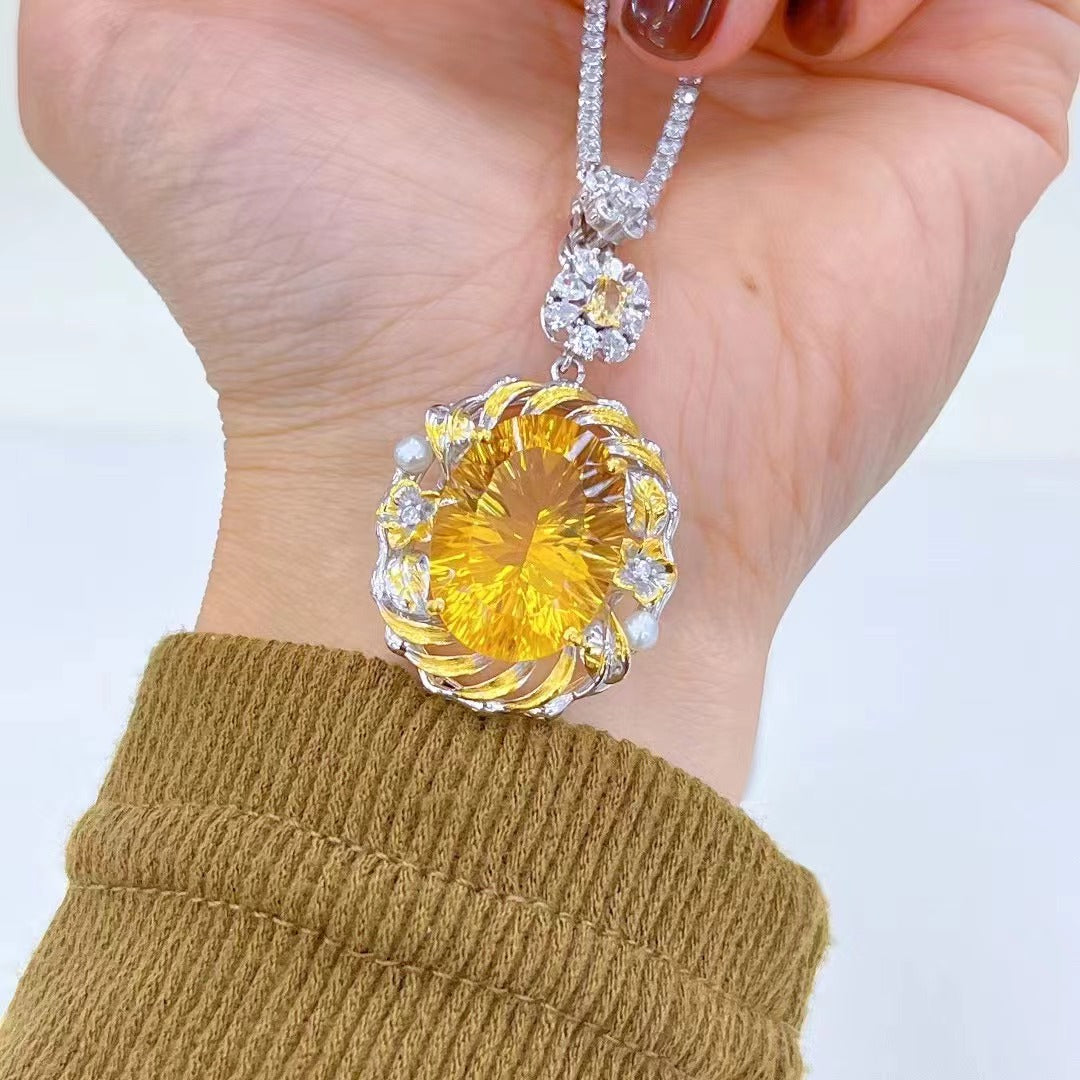 Wholesale Rhodium Plated 925 Sterling Silver Natural Citrine Yellow Gemstone Oval Cut Pendant（without Chain）