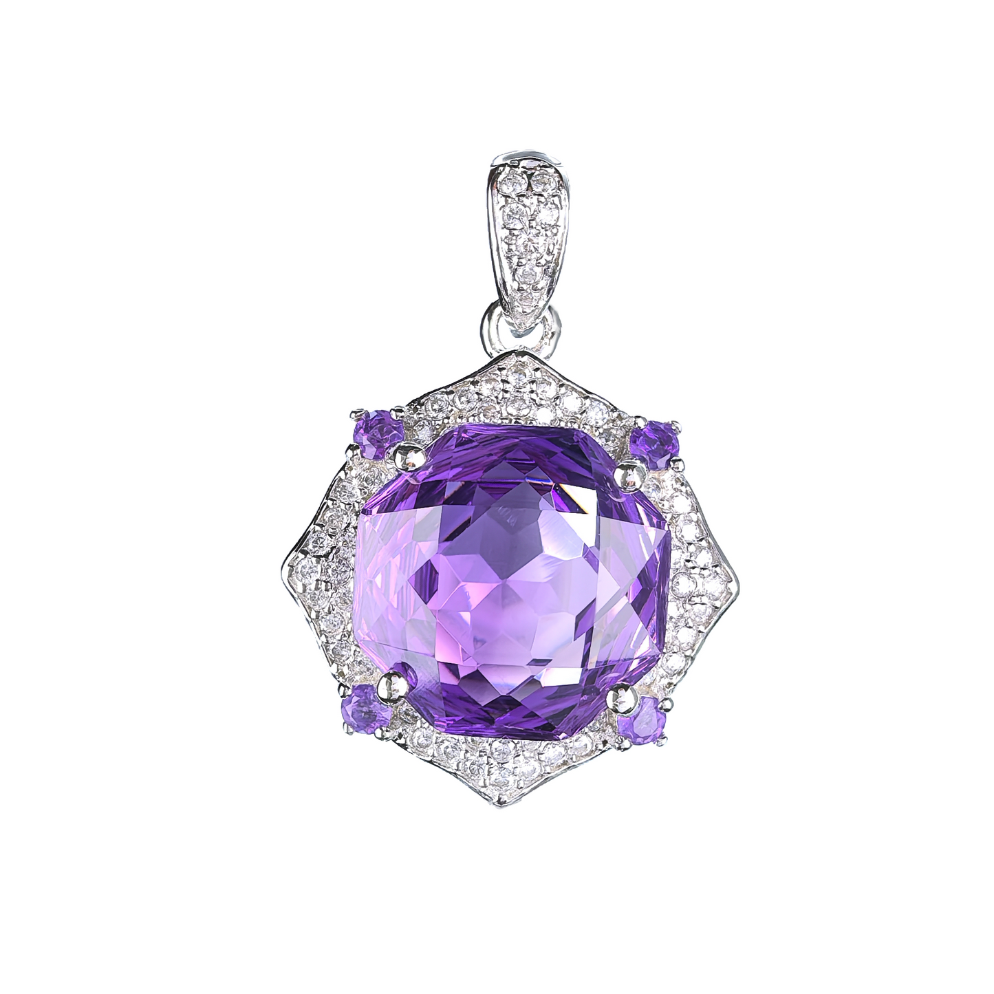 Wholesale Rhodium Plated 925 Sterling Silver Natural Amethyst Purple Gemstone Pendant（without Chain）